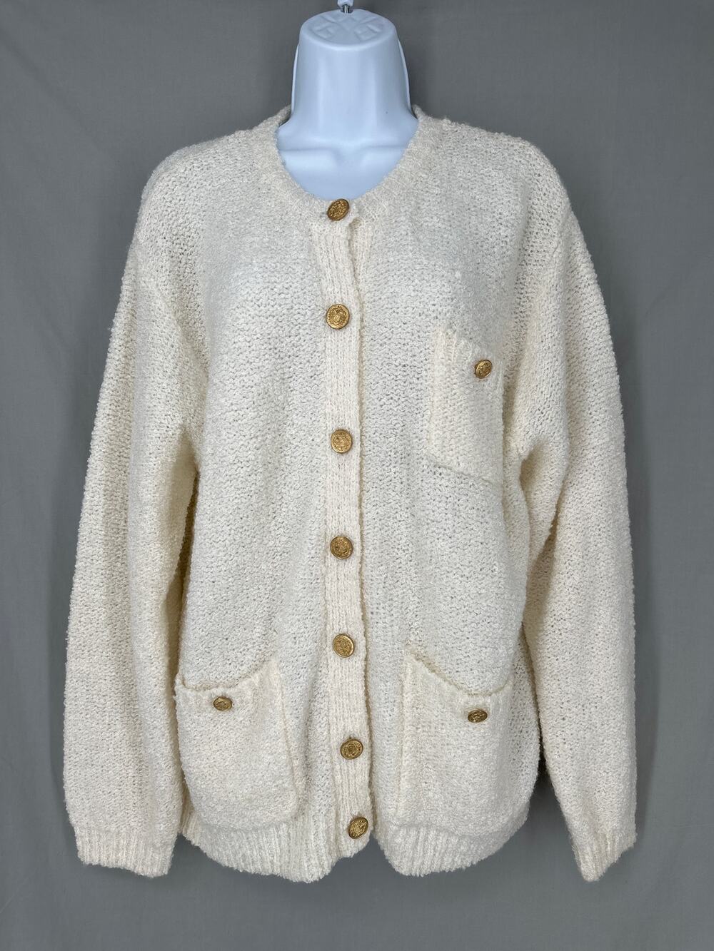 90s Vintage Cardigan Sweater Womens Large Cream Gold Button Knit Cozy Minimalist